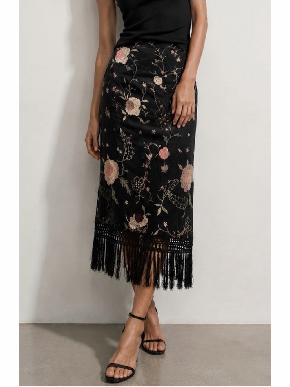 Y2K Embroidered Floral Fringe Midi Skirt